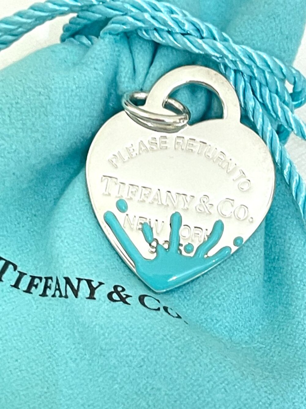 Tiffany & Co. Large Heart Blue Splash Silver Pendant Charm Return To RTT